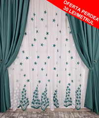 Set Florentina: perdea stelute alba cu verde menta si draperie simpla verde menta blackout 98%