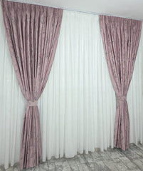 Draperie Catifea Roz cu Insertii Blackout 80-95% pentru Living si Dormitor în nuanțe de Roz Pudrat,Crem si Alb