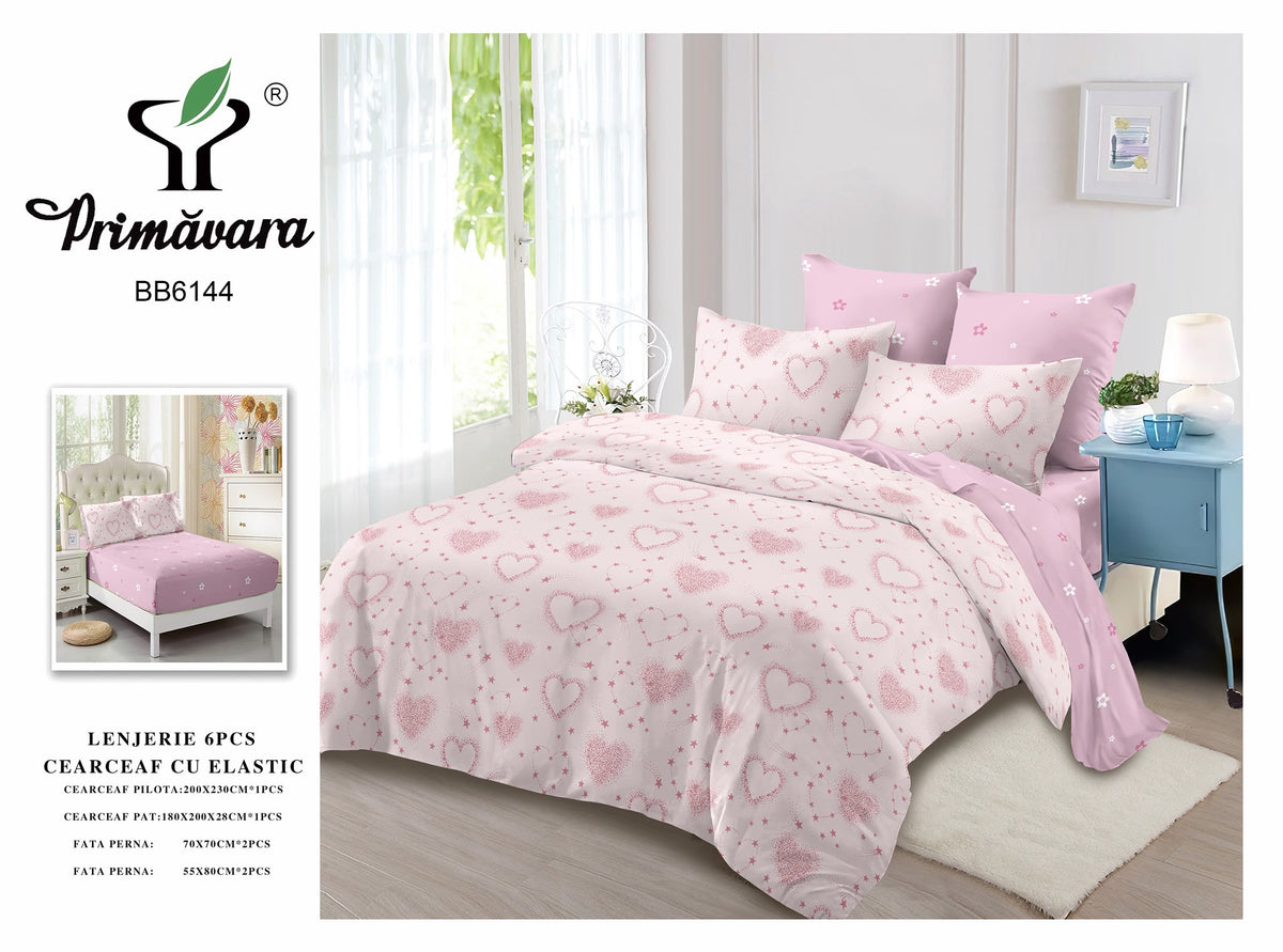 Lenjerie finet cu elastic, roz pudra cu inimoare, cearceaf cu elastic 160/180x200, Cod: BB6144