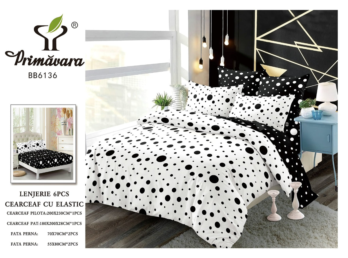 Lenjerie finet, alb negru cu buline, cearceaf cu elastic 160/180x200, Cod: BB6136