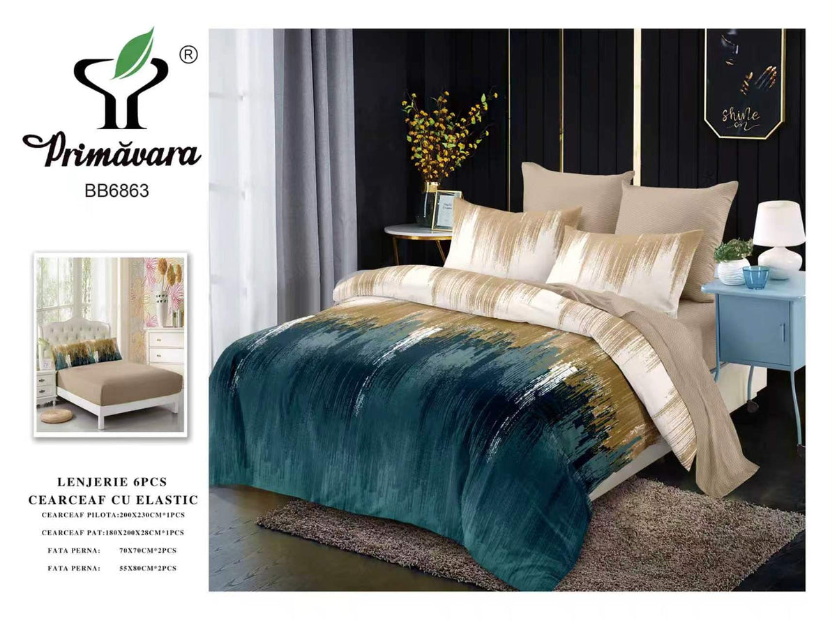 Lenjerie finet, alb-capucino model abstract, cerceaf cu elastic 160/180x200, Cod: BB6863