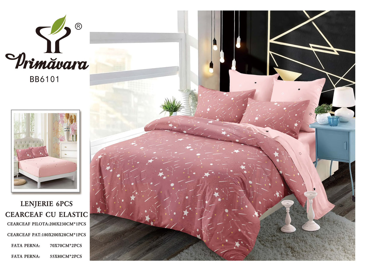 Lenjerie finet, roz cu stelute, cearceaf cu elastic 160/180x200, Cod: BB601