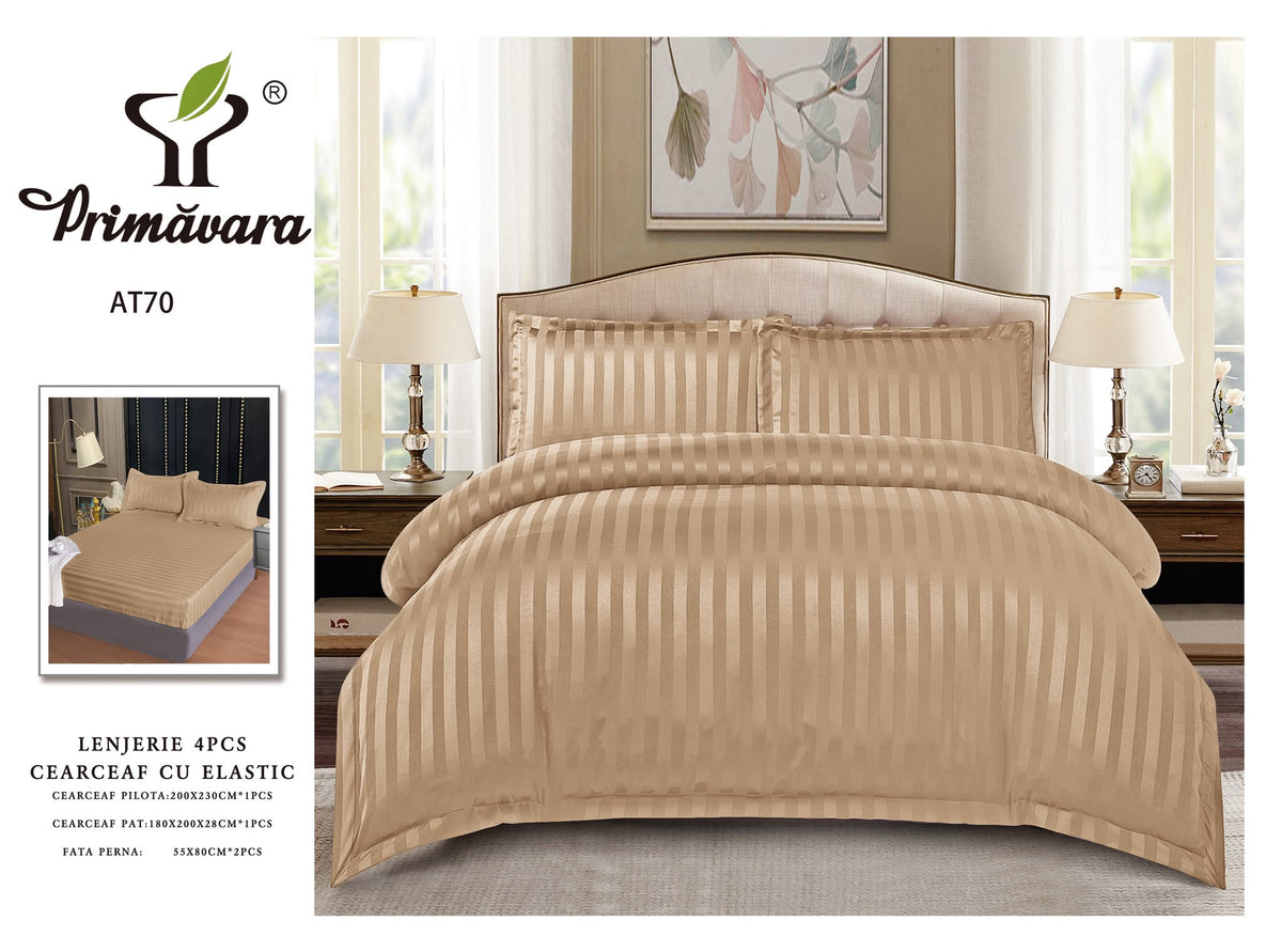 Lenjerie capucino-caramel pat dublu cearceaf cu elastic, 4 piese, AT-70