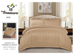 Lenjerie capucino-caramel pat dublu cearceaf cu elastic, 4 piese, AT-70