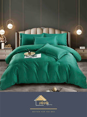 Lenjerie Verde Smarald de Pat Dublu din Bumbac Damasc Premium Hotelier, 6 Piese, Cearceaf Elastic 180x200+30 cm – Pentru Saltele 160x200 si 180x200 – Ideala pentru Dormitoare Crem, Bej, Alb, Grej sau Auriu