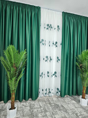 Perdea Julieta din in cu flori verde smarald, material plin ca textura