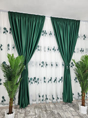 Perdea Julieta din in cu flori verde smarald, material plin ca textura