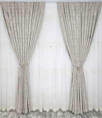 Set Ambra:pentru dormitor sau bucatarie in Nuante de Bej, Crem si Alb - Perdea Tip In Alba cu Broderie Bej si Draperie Bej Tip Vopsea Decorativa - Confectionat pe Comanda