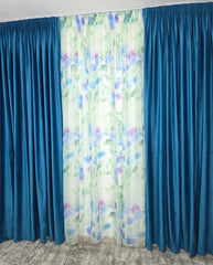 Set Val de Azur: Perdea Din Voal Cu Model Floral Si Draperie Catifea Turcoaz