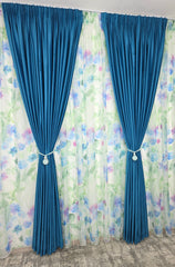 Set Val de Azur: Perdea Din Voal Cu Model Floral Si Draperie Catifea Turcoaz