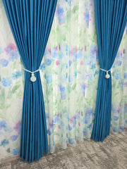 Set Val de Azur: Perdea Din Voal Cu Model Floral Si Draperie Catifea Turcoaz