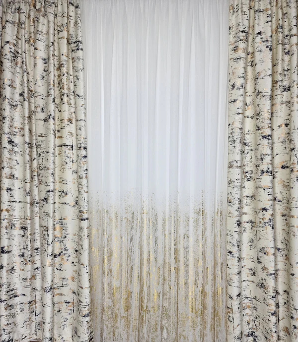 Set Splendid: perdea bamboo cu insertii aurii si draperie blackout 80% bej plina de insertii aurii