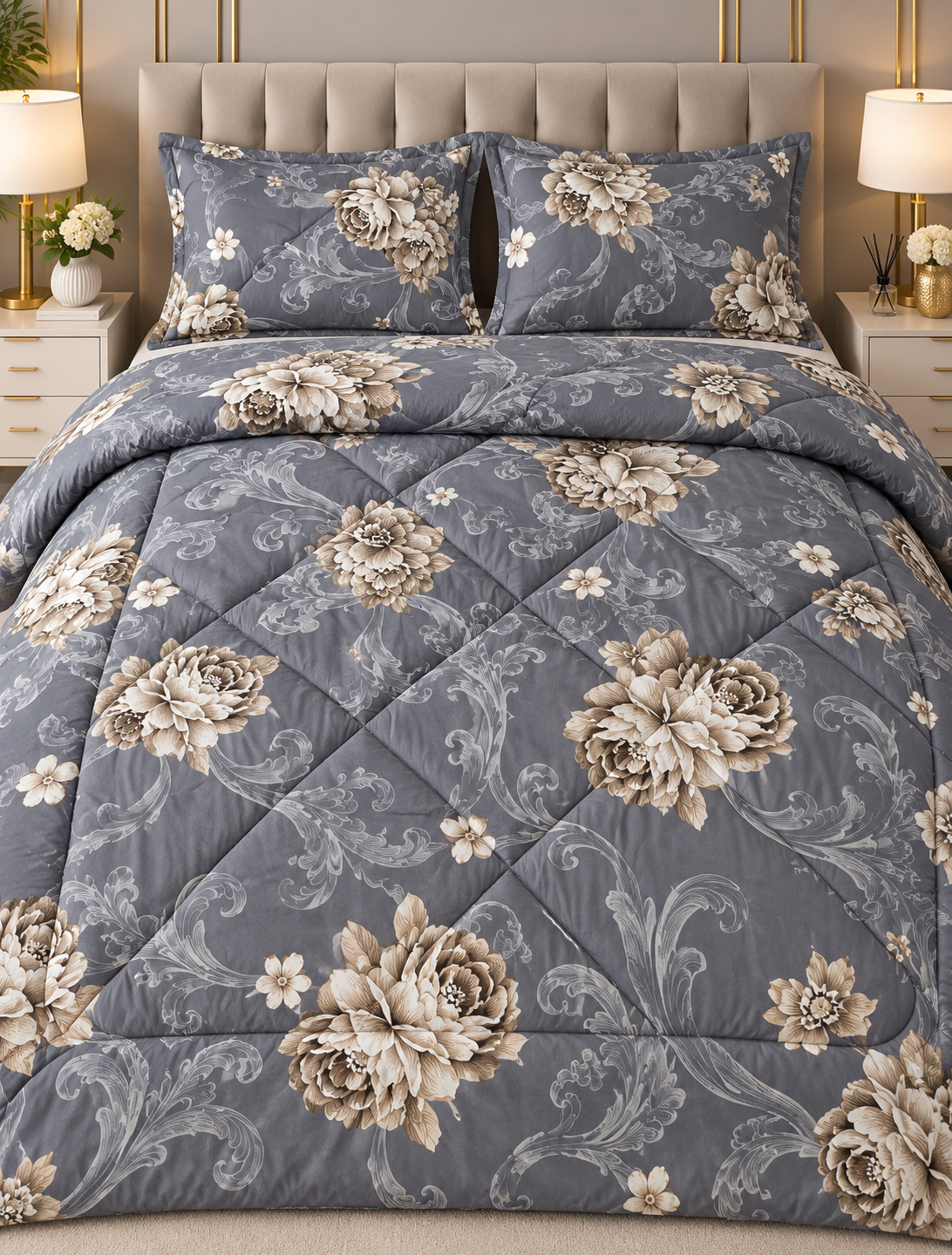 Pilota gri inchis model floral 180x220cm cu cearșaf și 2 fete de perna dreptunghiulare Cod:D30