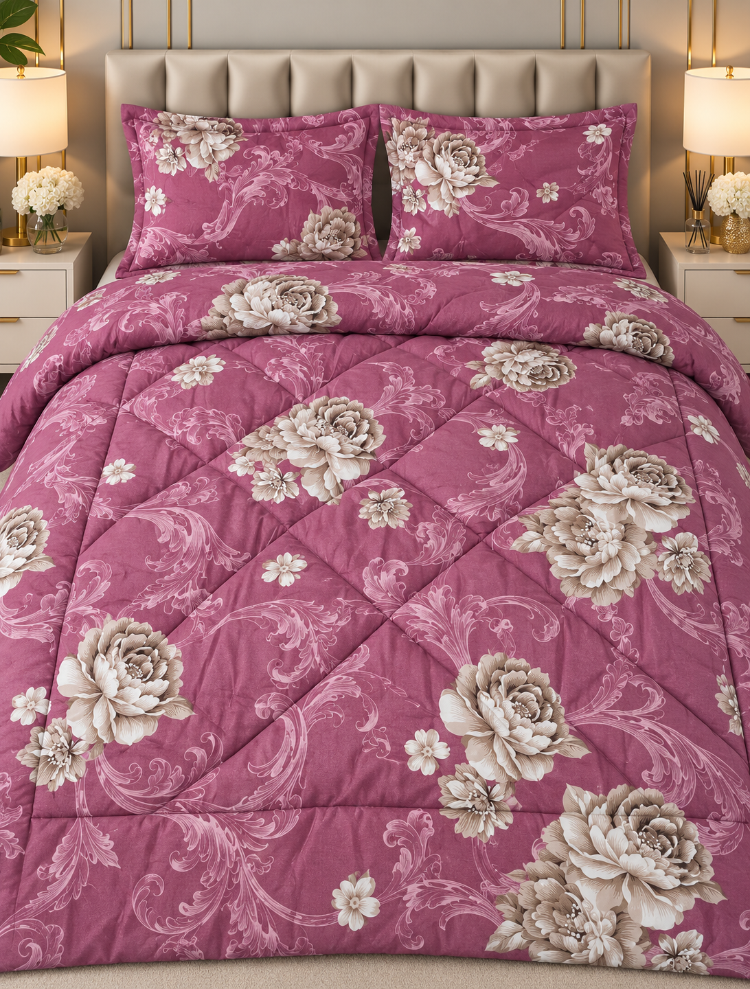 Pilota roz inchis model floral 180x220cm cu cearșaf si 2 fete de perna dreptunghiulare Cod:D29