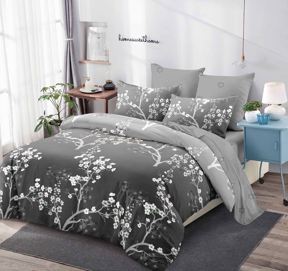 Lenjerie finet, gri inchis cu flori, cerceaf cu elastic 160/180x200, Cod: B954