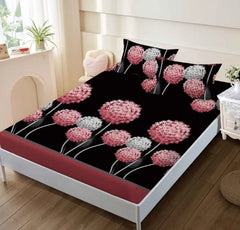 Husa cu elastic din finet pentru saltea 160x200cm + 2 fete perna - negru, roz-alb papadie - D033