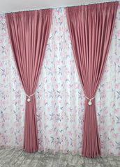 Set Gradina Reginei: Perdea Din Voal Cu Model Floral Si Draperie Soft Roz Semi-Opaca