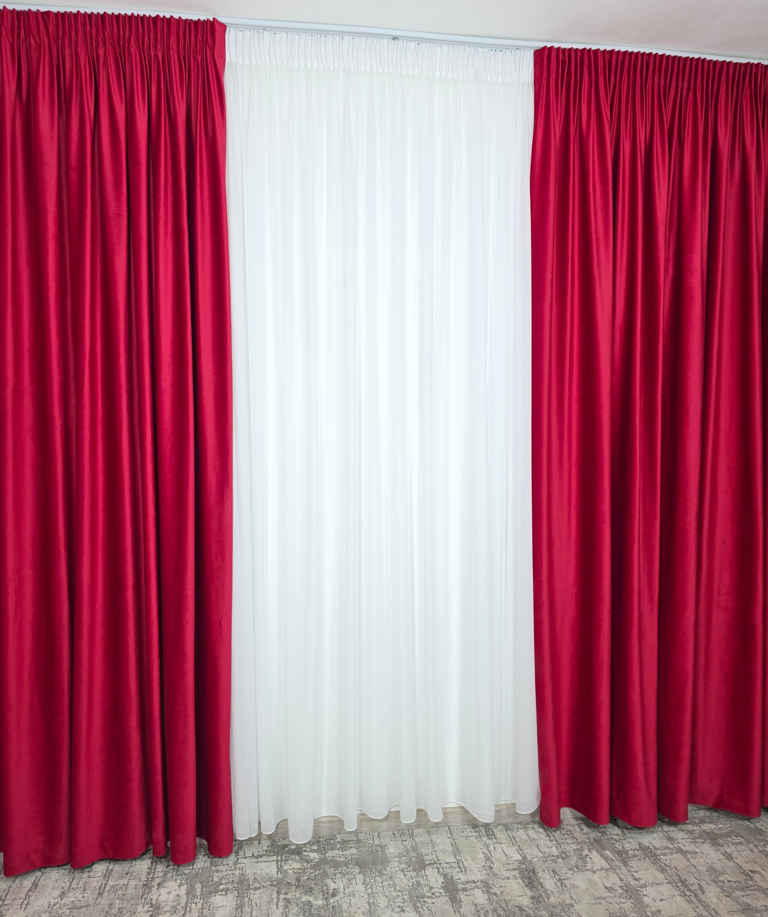 Set Nicoleta: perdea alba simpla voal si draperie catifea rosie