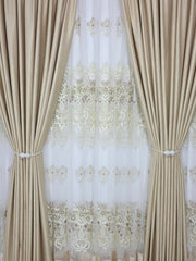 Set Luminita: Perdea Lux Cu Broderie 3d Crem Si Draperie Rolex Din Catifea Crem Auriu Cu Sclipici Auriu