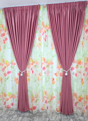 Set Petal Roz: Perdea Din Voal Cu Model Floral Si Draperie Soft Roz Semi-Opaca
