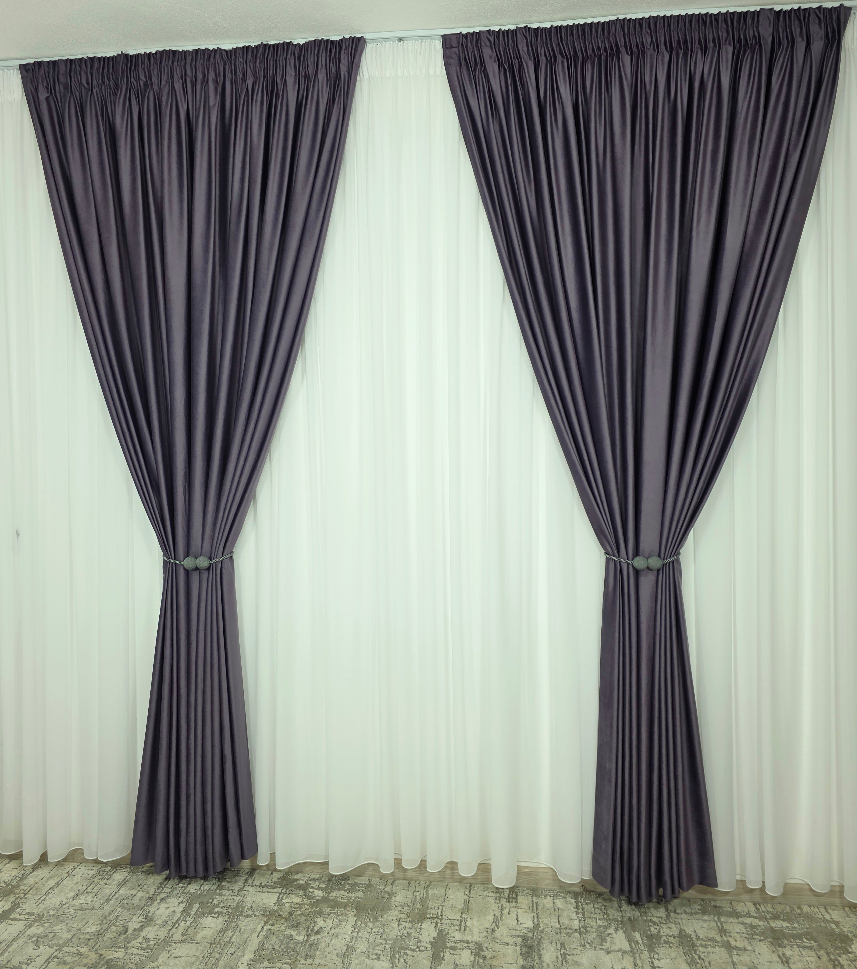Set Barni: Perdea Voal Alb Premium Si Draperie Catifea Mov