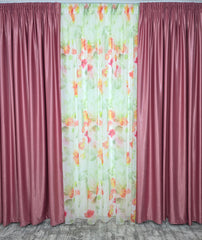 Set Petal Roz: Perdea Din Voal Cu Model Floral Si Draperie Soft Roz Semi-Opaca