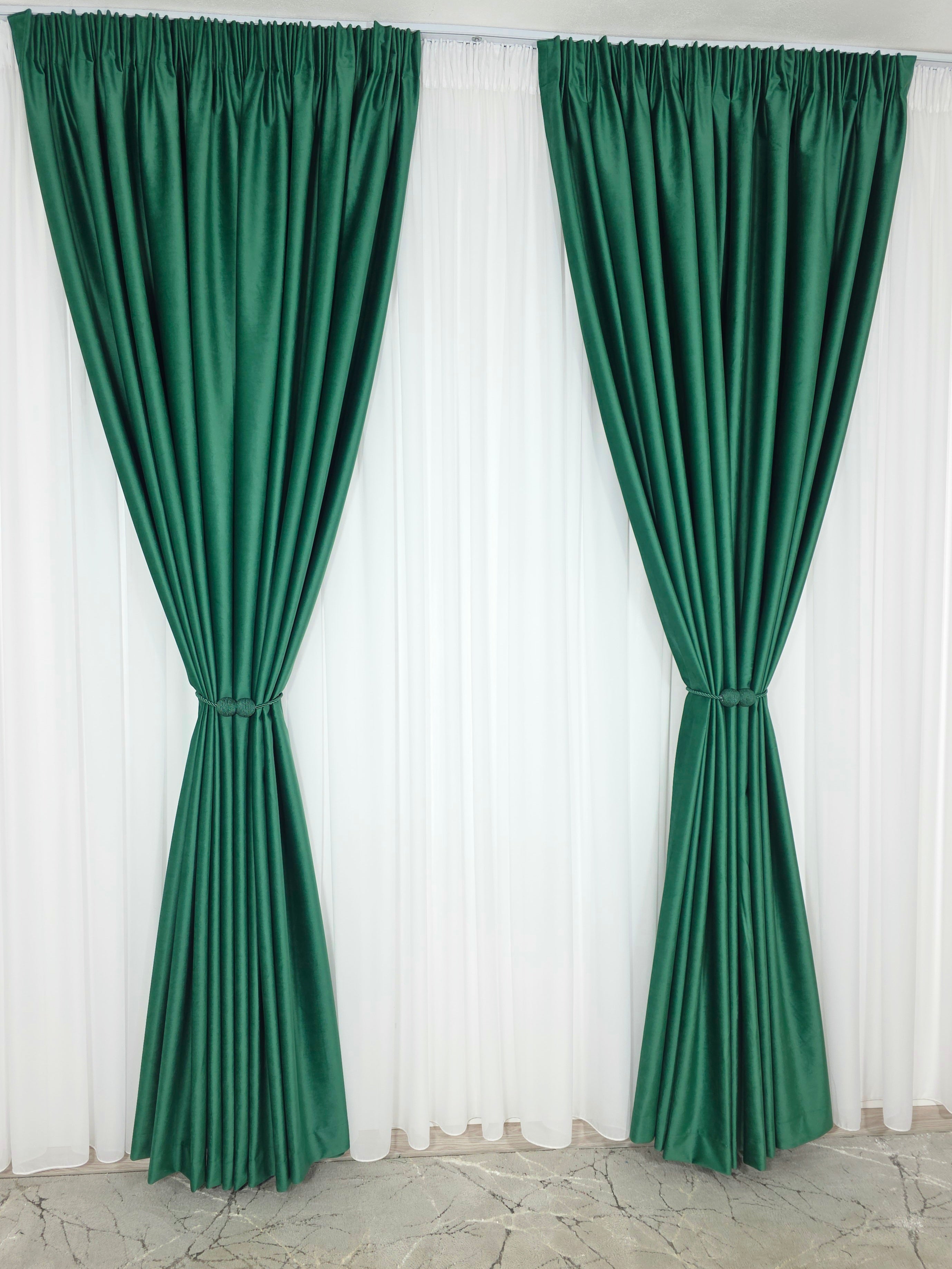 Set Premium: Perdea Matase Alba și Draperie Verde Smarald Catifea Garantat Opacă Blackout 100%