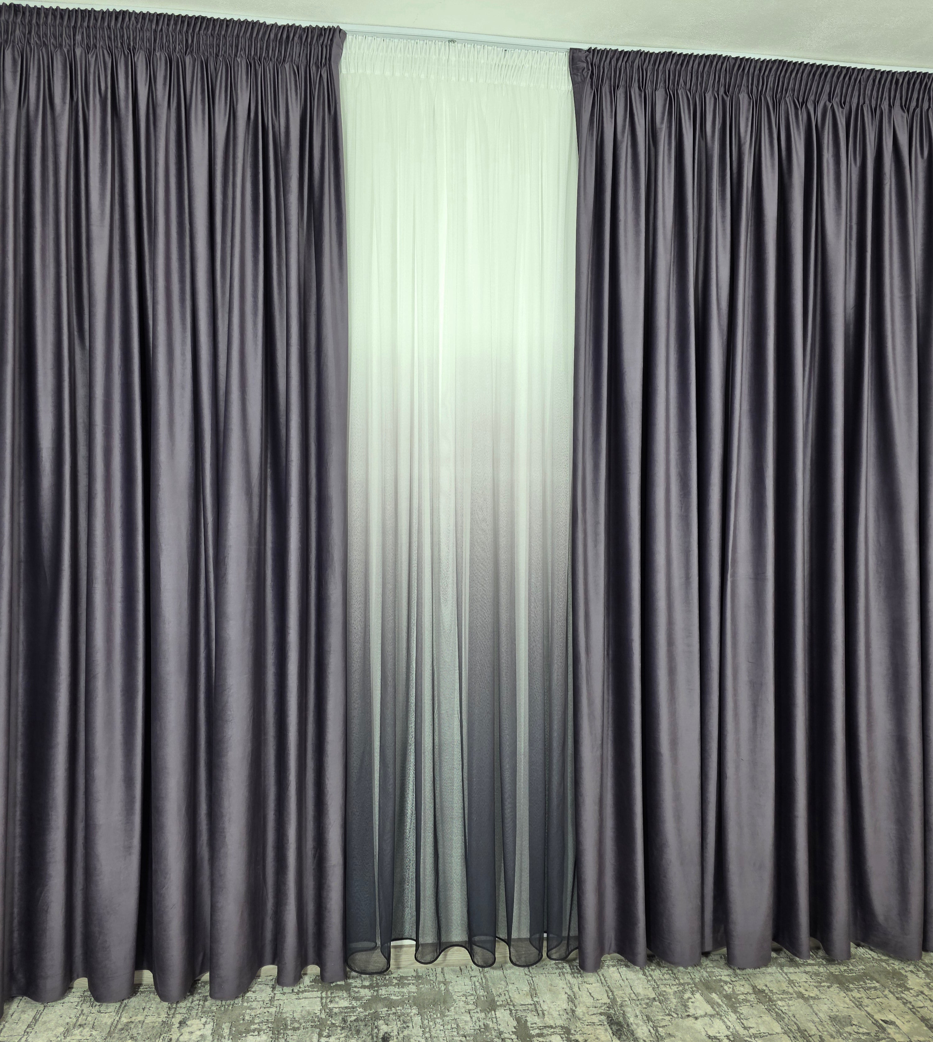 Set Rebeca: perdea bamboo degrade gri mov si draperie catifea mov blackout 98%