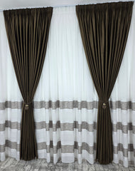Set Rafaela: perdea din in cristal cu benzi capucino si draperie catifea maro blackout 90%