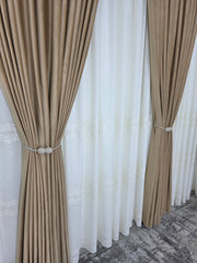 Set Liora: perdea crem din in gros cu broderie si draperie catifea crem-miere