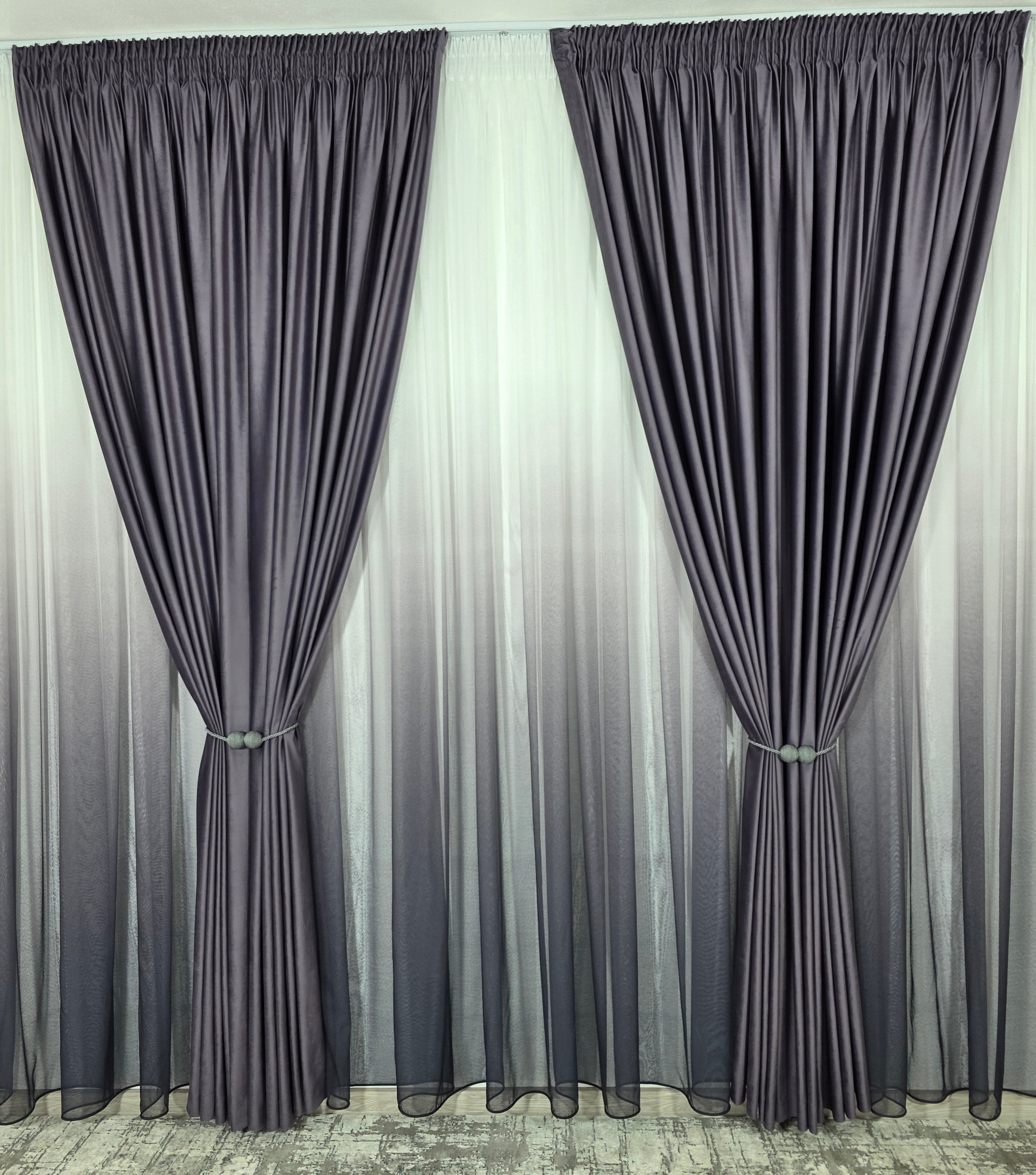 Set Rebeca: perdea bamboo degrade gri mov si draperie catifea mov blackout 90%