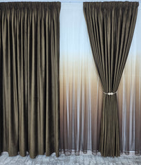 Set Nora: perdea bamboo degrade maro si draperie catifea maro blackout 98%