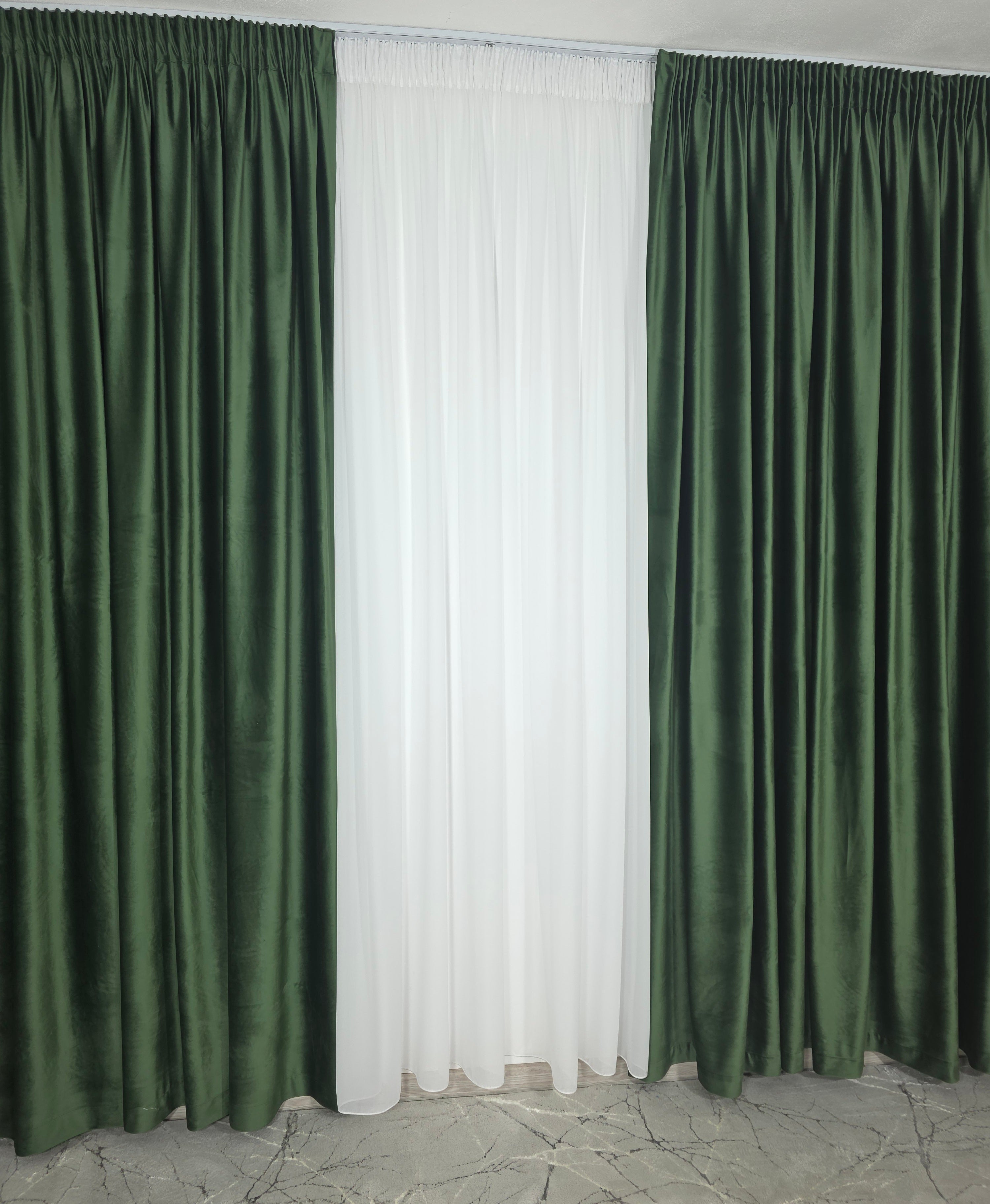Set Narcisa: Perdea Alba Din Voal Si Draperie Catifea Verde Olive