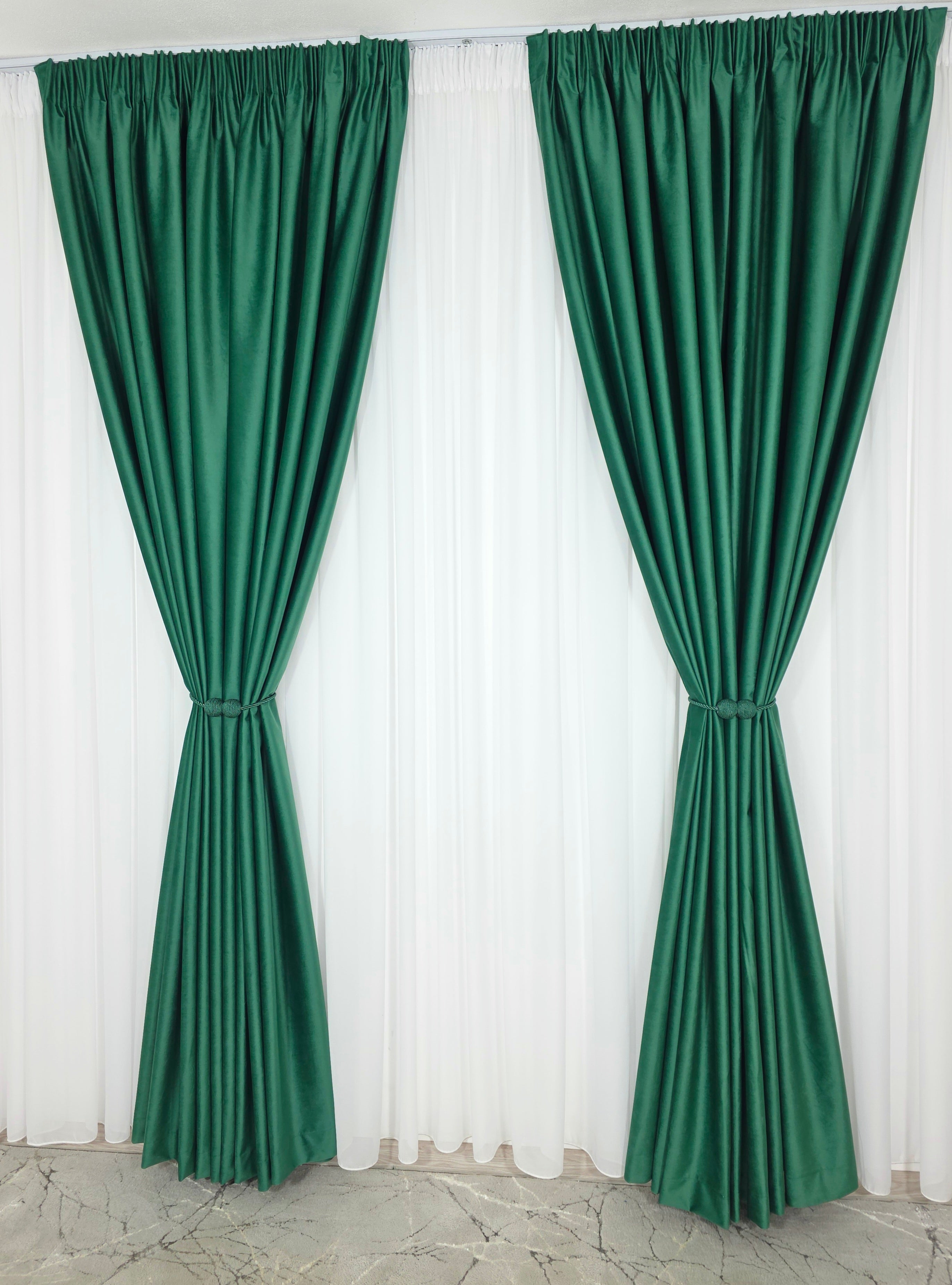 Set Premium: Perdea Matase Alba și Draperie Verde Smarald Catifea Garantat Opacă Blackout 100%