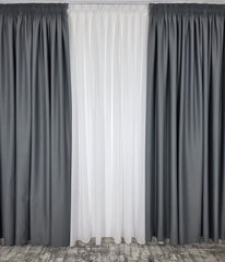 Set pentru Living si Dormitor in Nuante Alb, Gri si Crem - Colectia Blackout Varianta BTN24 Perdea Alba Voal Premium Jorjet si Draperie Gri Mediu