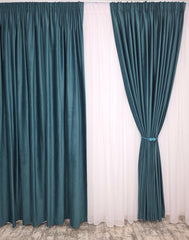 Set Cornelia: Perdea Sable Alba plina ca textura Si Draperie Catifea Verde-Turcoaz
