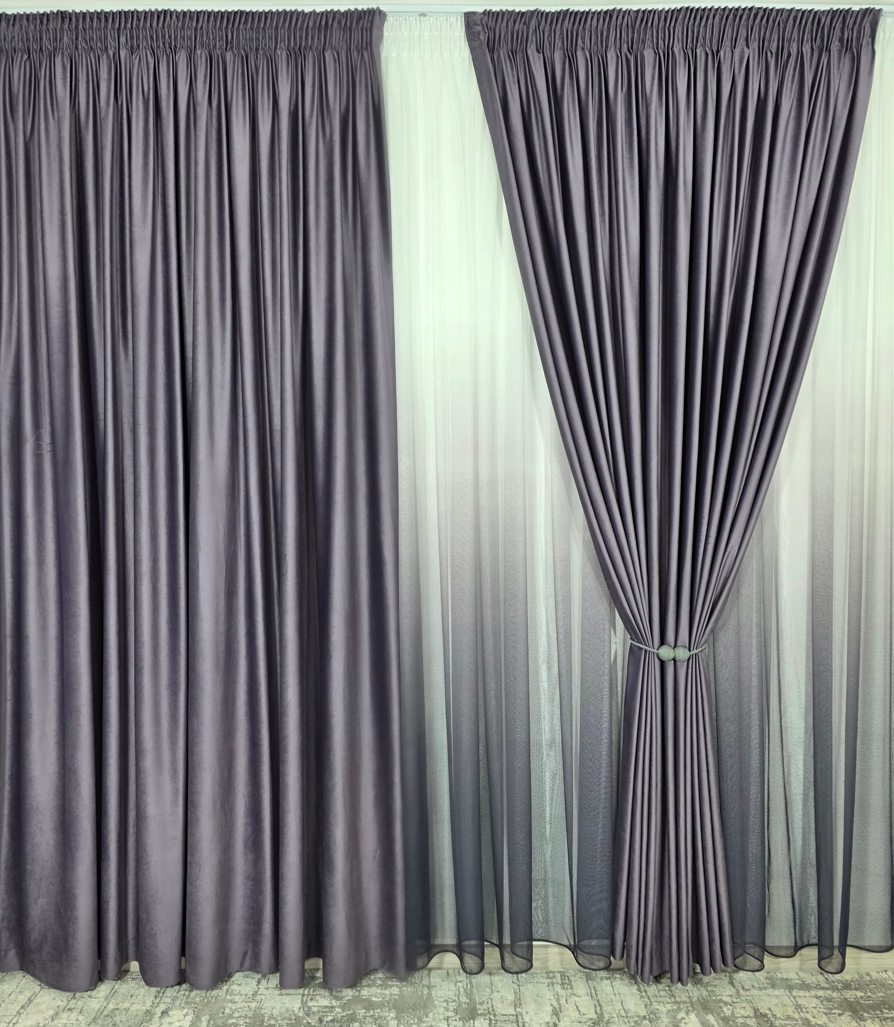 Set Rebeca: perdea bamboo degrade gri mov si draperie catifea mov blackout 98%