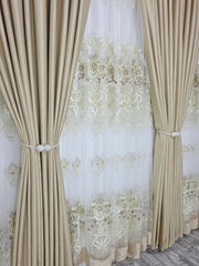 Set Luminita: Perdea Lux Cu Broderie 3d Crem Si Draperie Rolex Din Catifea Crem Auriu Cu Sclipici Auriu