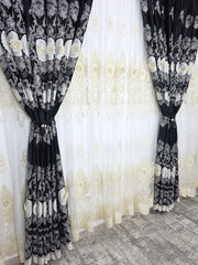 Set Linea: perdea din tul cu broderie crem 3D si draperie din catifea neagra 3D
