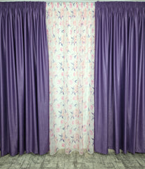 Set Gratiela: Perdea Din Voal Cu Model Floral Si Draperie Soft Mov Semi-Opaca