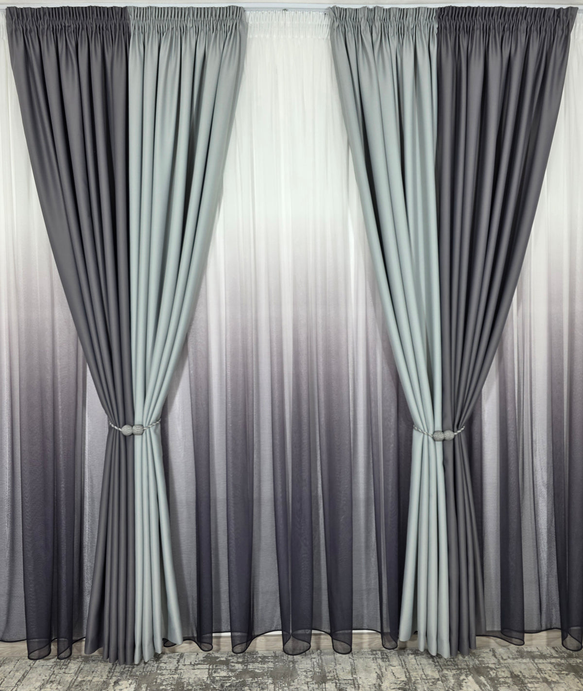 Set Ken: perdea bamboo degrade gri mov si draperie in 2 culori, nuante de gri blackout 98%