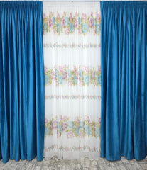 Set Grădină în Azur: Perdea Din Voal Cu Model Floral Si Draperie Catifea Turcoaz