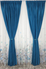 Set Laguna de Safir: Perdea Din Voal Cu Model Floral Si Draperie Catifea Turcoaz Azur