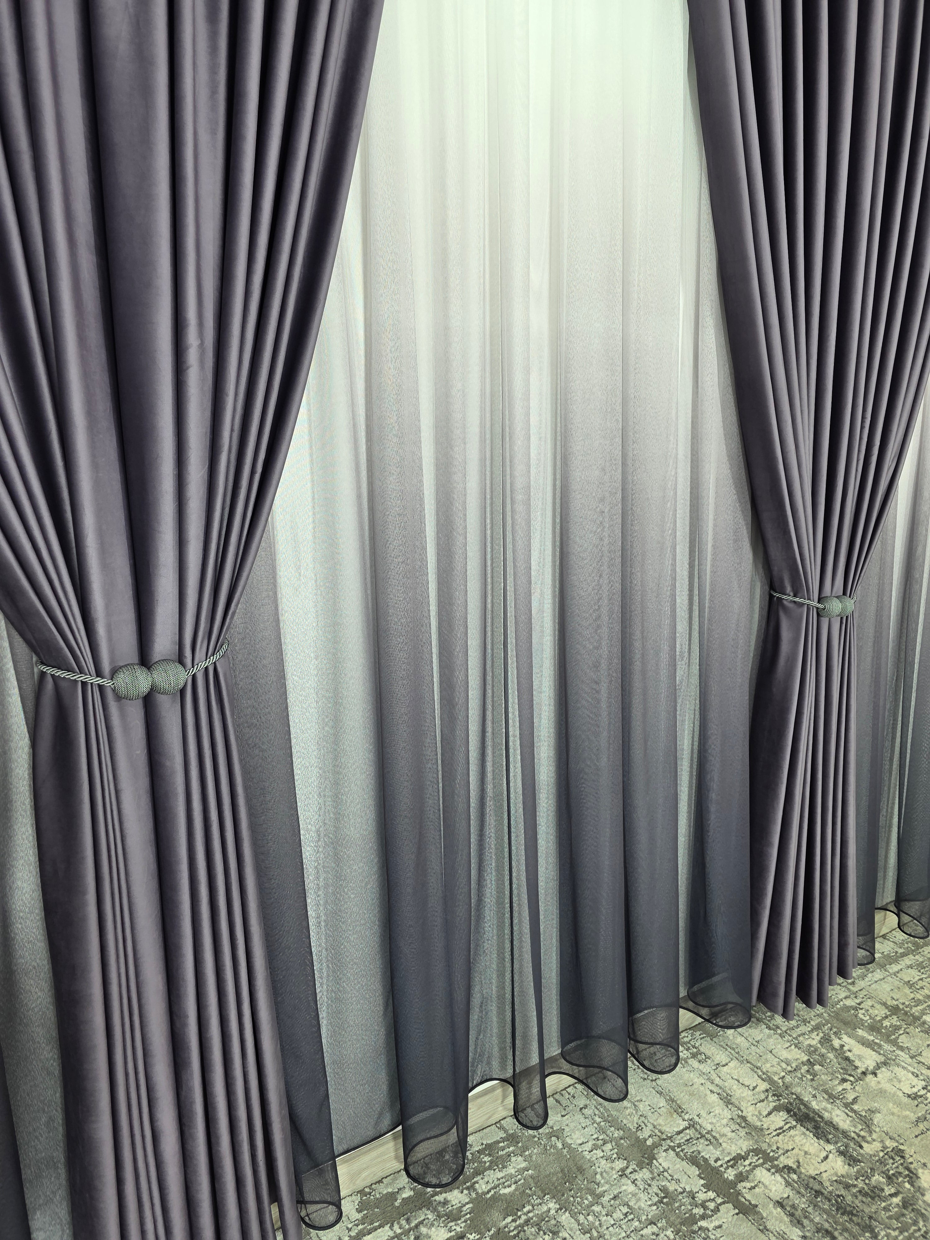 Set Rebeca: perdea bamboo degrade gri mov si draperie catifea mov blackout 98%