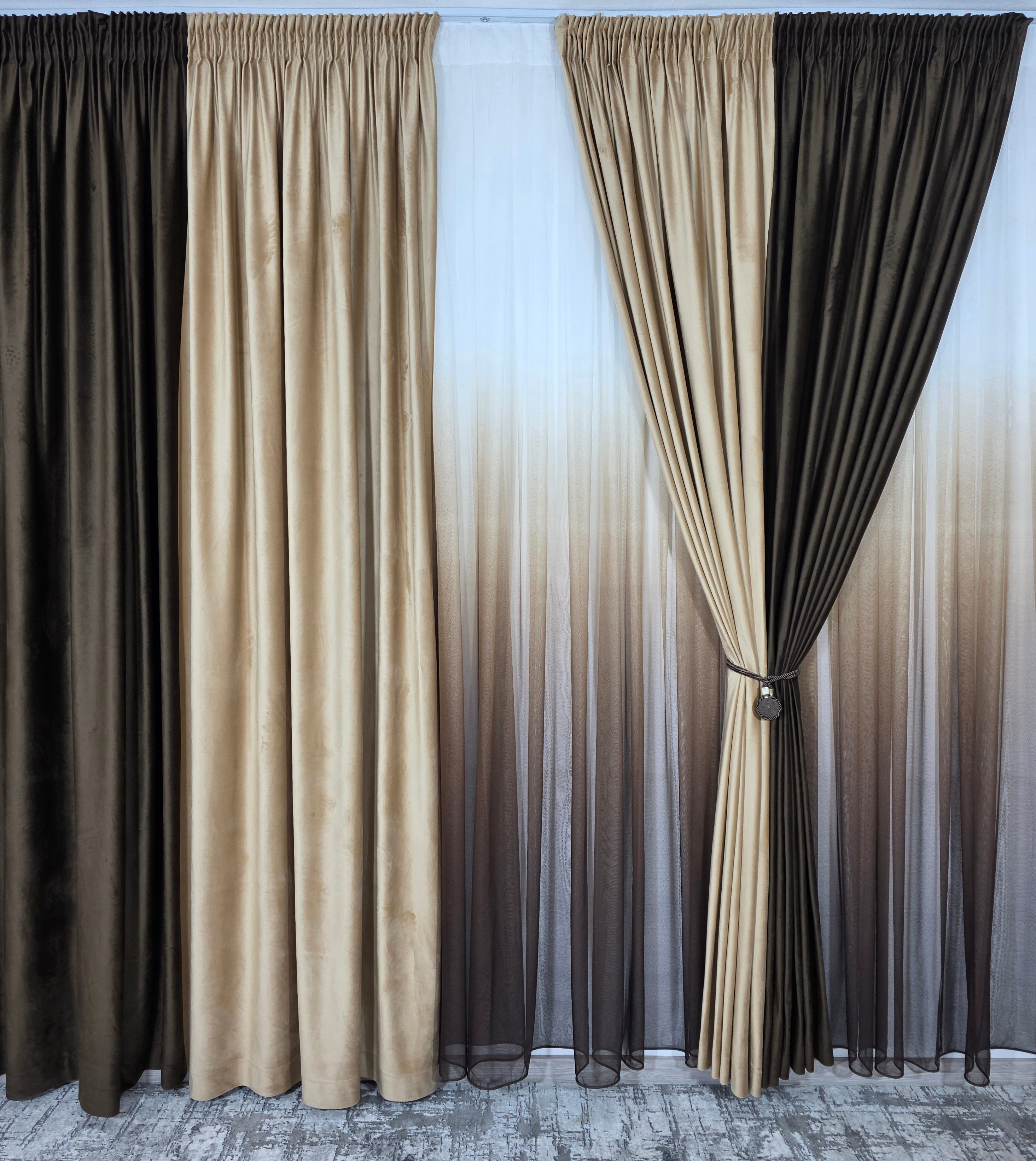 Set Selina: perdea bamboo degrade maro și draperie catifea in 2 culori blackout 90%