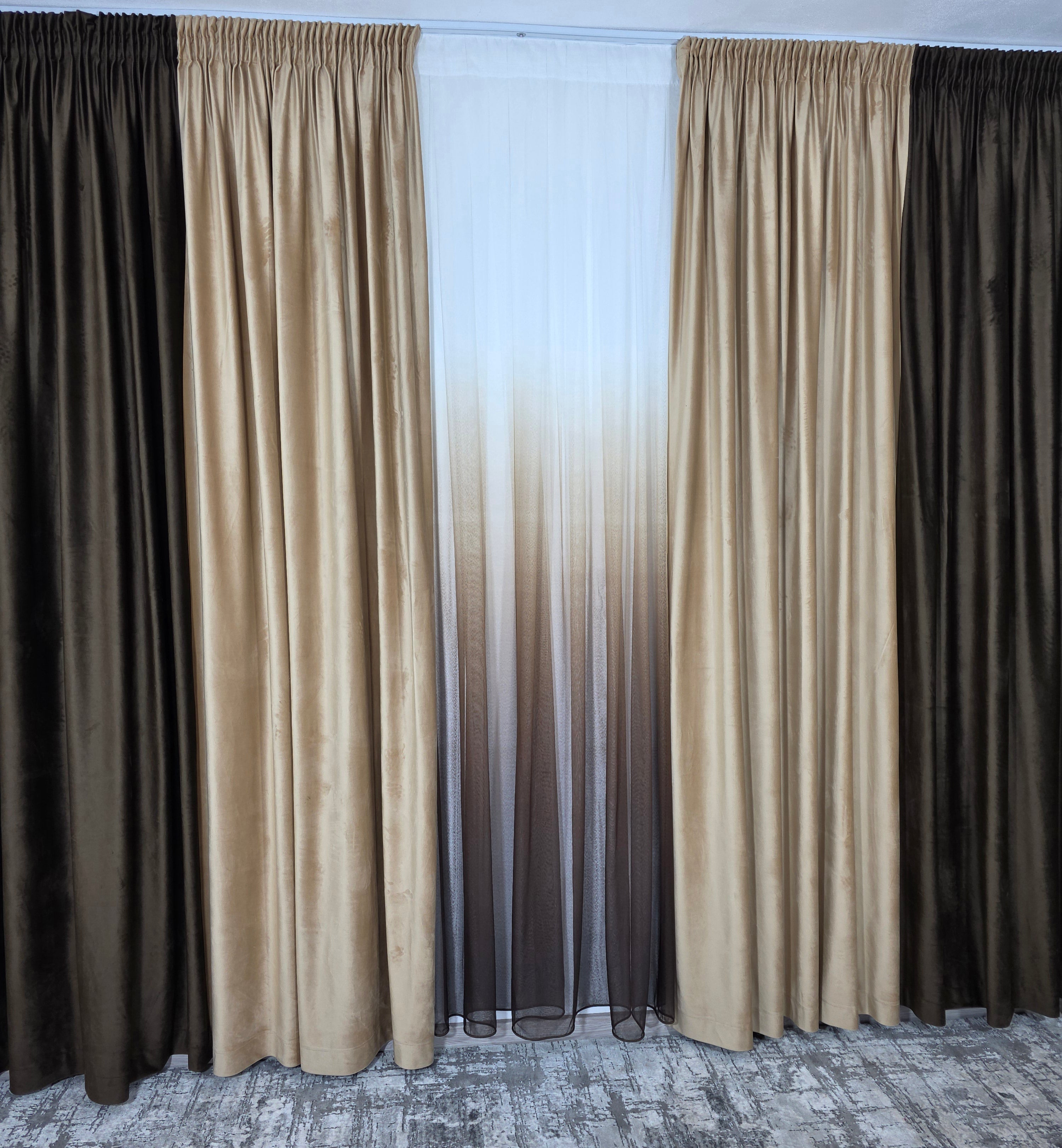 Set Selina: perdea bamboo degrade maro și draperie catifea in 2 culori blackout 90%