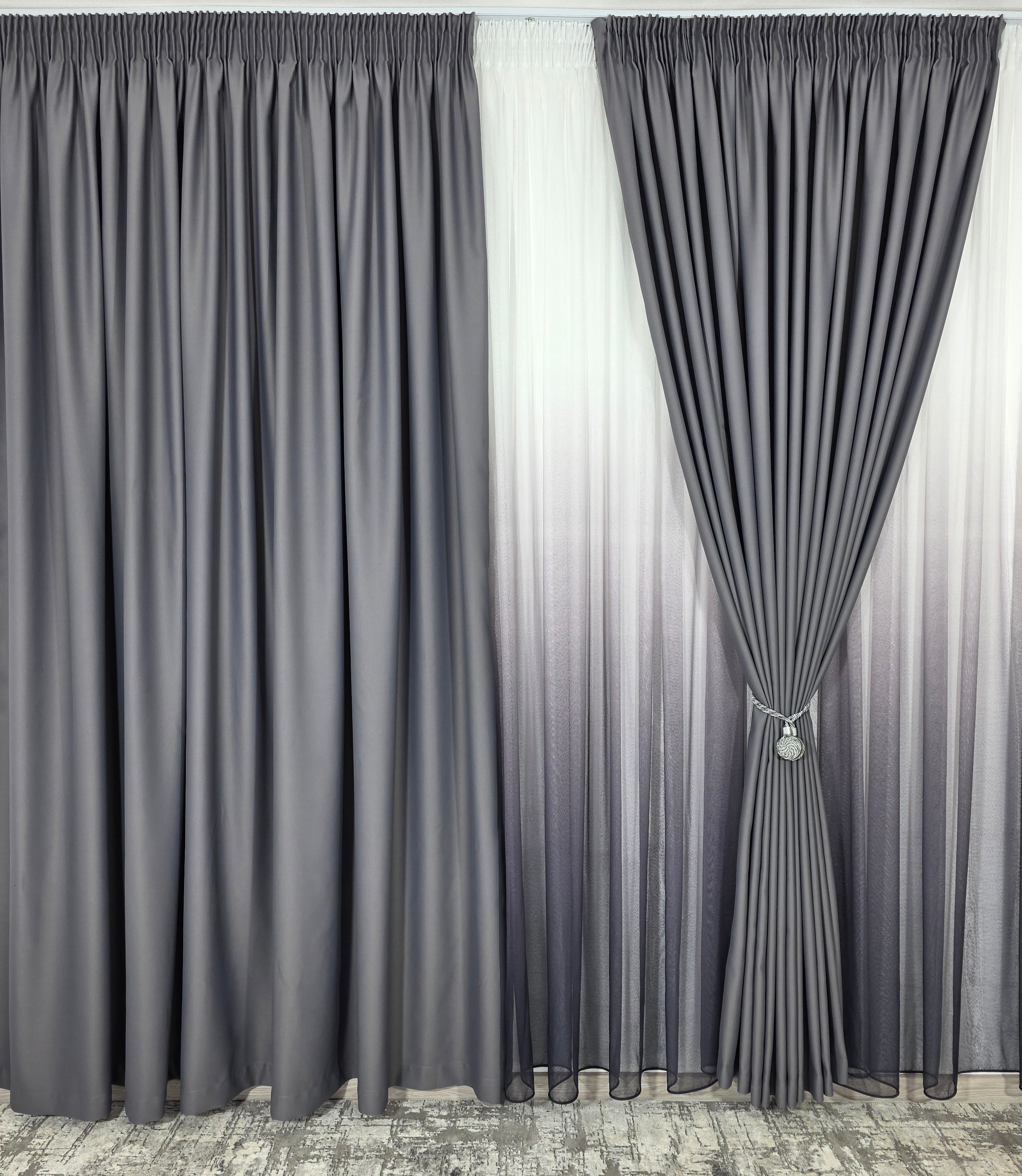 Set Hera: perdea bamboo degrade gri mov si draperie simpla gri inchis blackout 98%