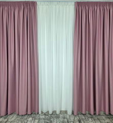Set pentru Living si Dormitor in Nuante Crem, Roz Pudrat si Gri Deschis-Colectia Blackout Varianta BTN782 Perdea Alba Voal Premium Jorjet si Draperie Roz