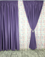 Set Gratiela: Perdea Din Voal Cu Model Floral Si Draperie Soft Mov Semi-Opaca