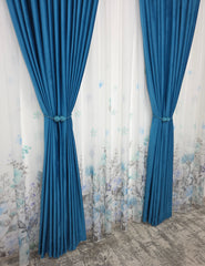 Set Laguna de Safir: Perdea Din Voal Cu Model Floral Si Draperie Catifea Turcoaz Azur